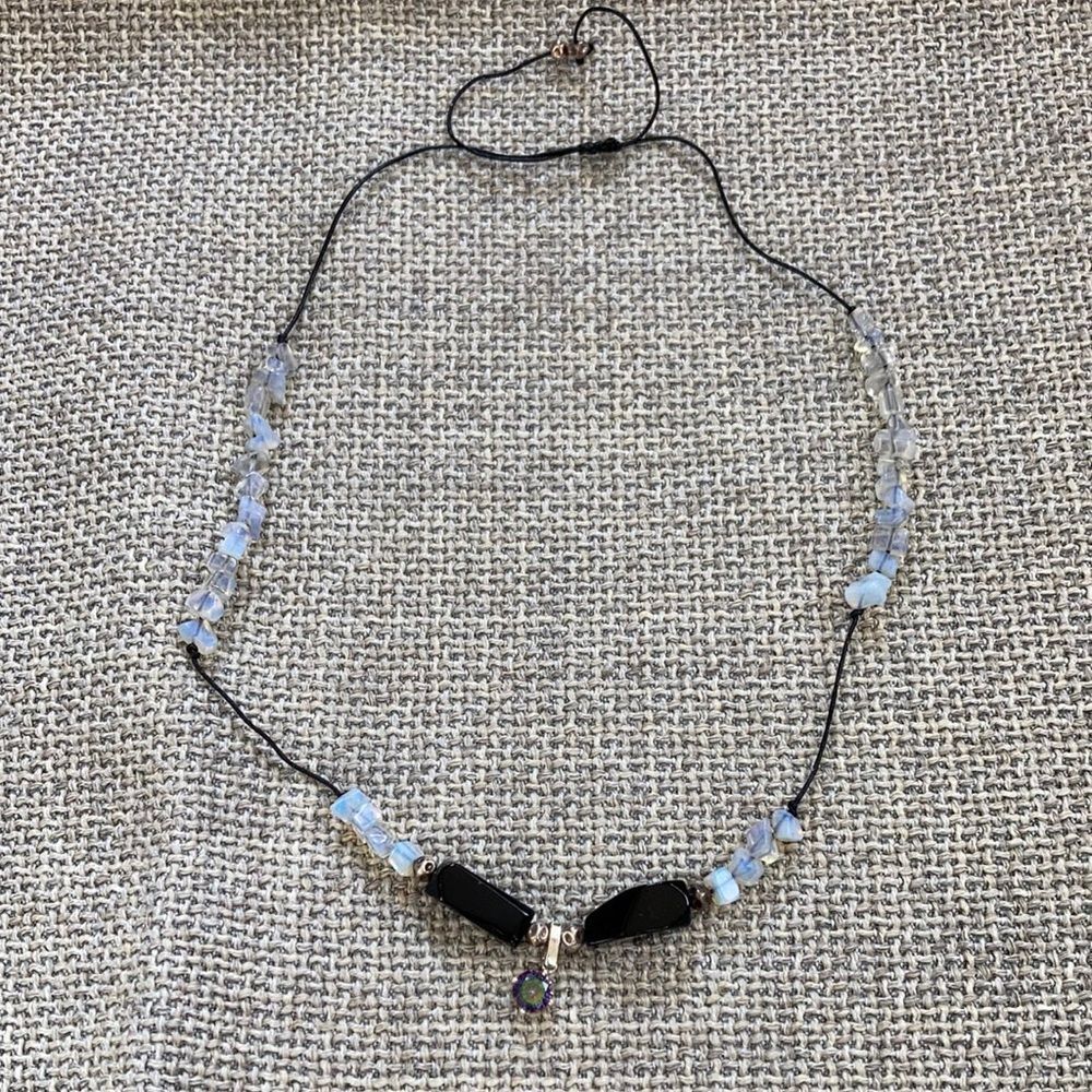 Vintage delicate leather string moonstone silver beads silver pendant necklace